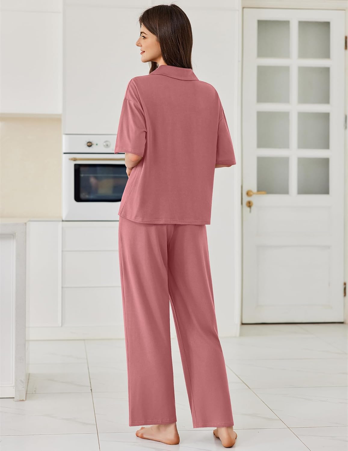Button-down pajama set, pink short-sleeve top with collar and matching wide-leg pants (back view)