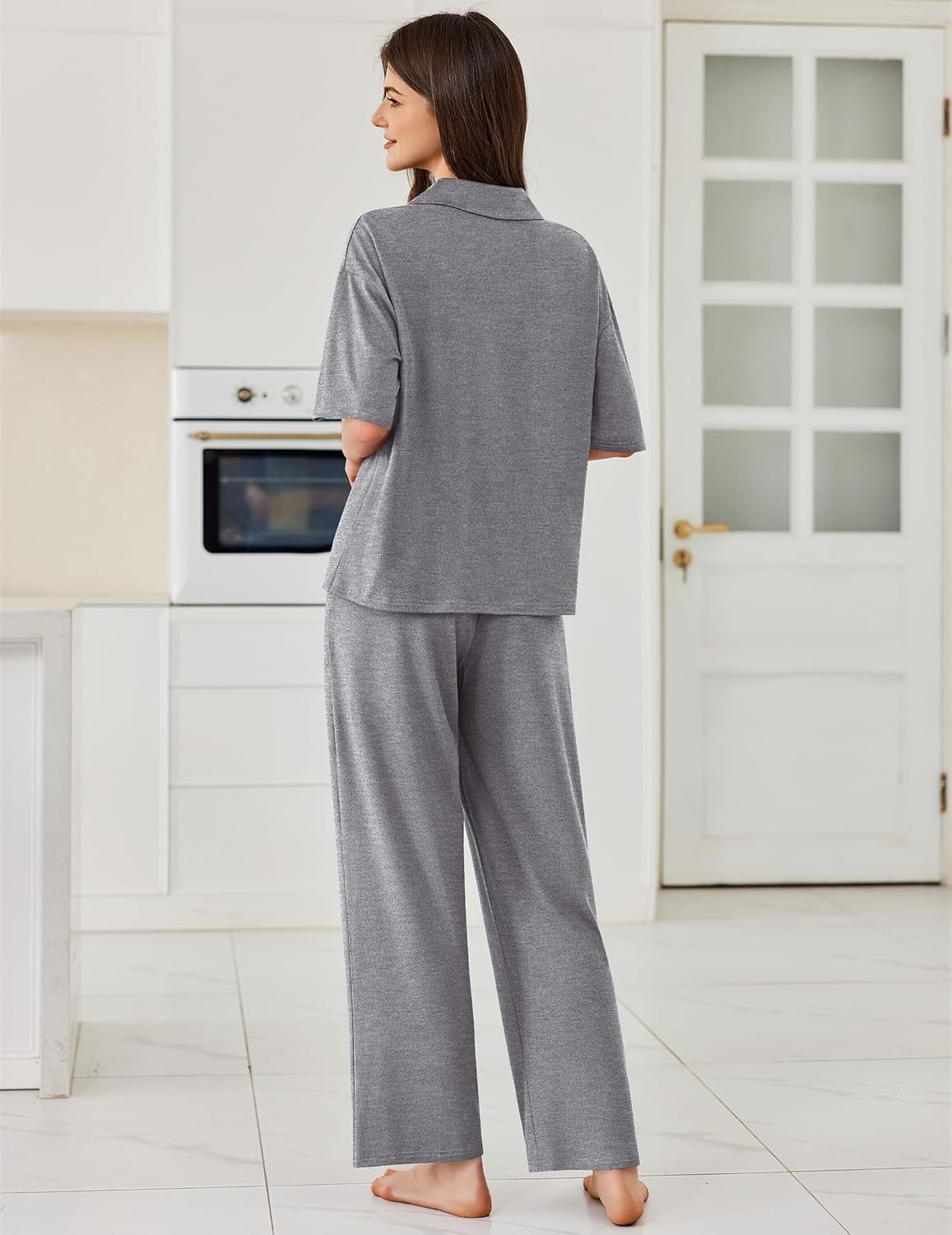 Button-down pajama set in dark grey: short-sleeve top with collar and matching long pants
