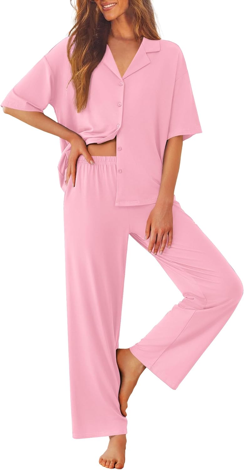 Ekouaer Pajamas set, rosa, kurzarm Knopfleiste mit V-Ausschnitt und langen Hose
