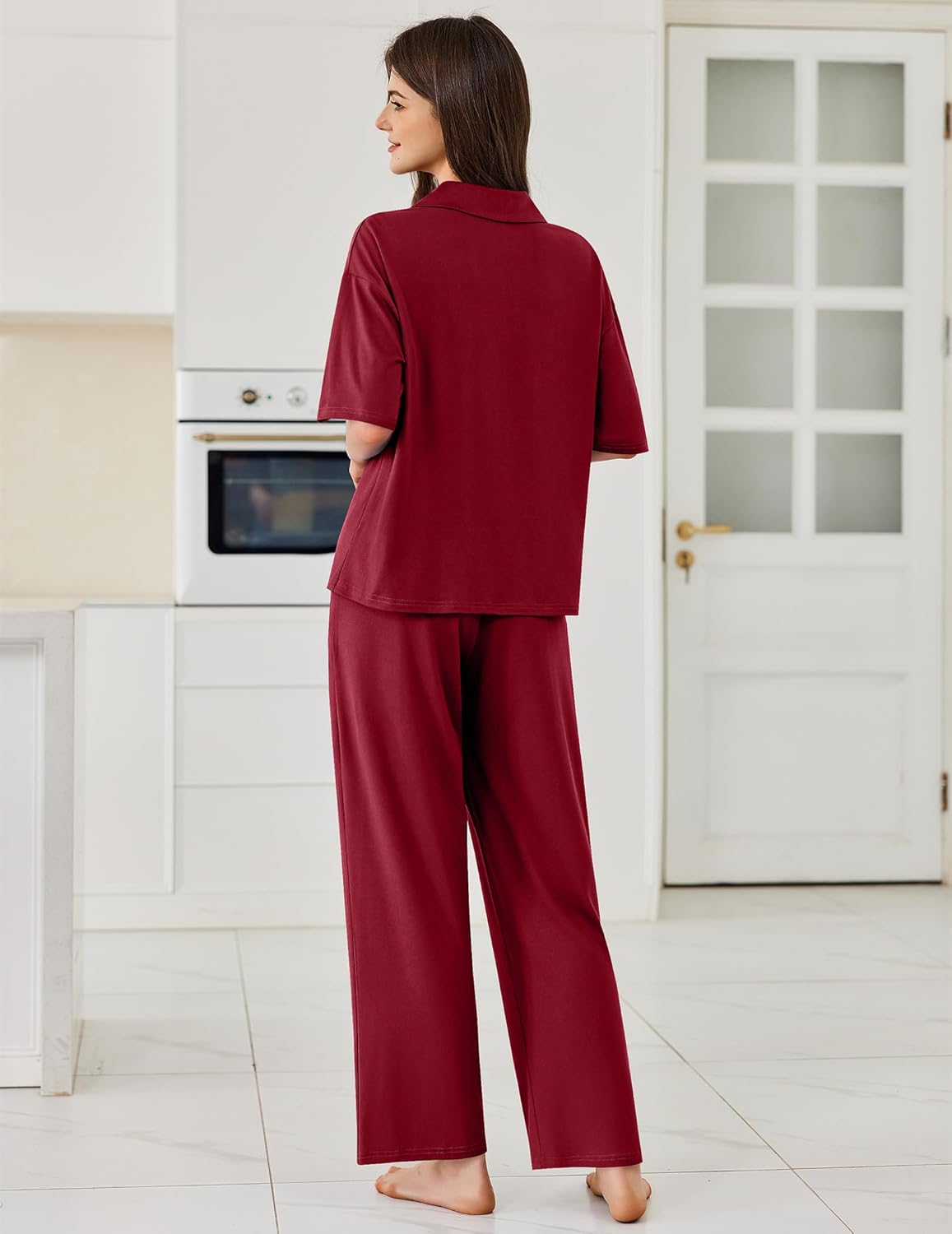 Wine Red pajama set: back view of short-sleeve button shirt and long wide-leg pants