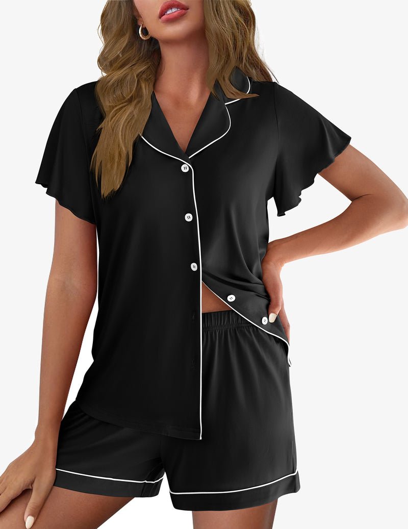 Schwarzes Pyjama-Set mit Knopfleiste und Paspel, kurze Ärmel und Shorts