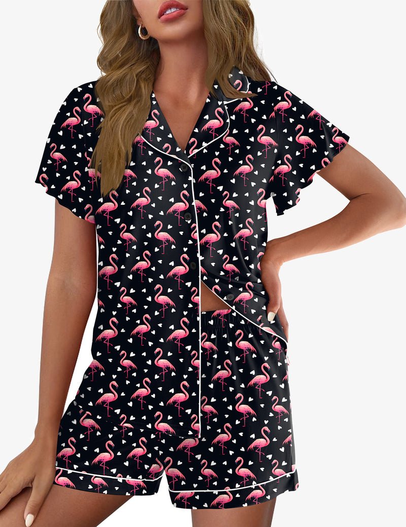 Schwarzes Pyjama-Set mit Flamingo-Print, Knopfleiste, kurze Volantärmel und Shorts