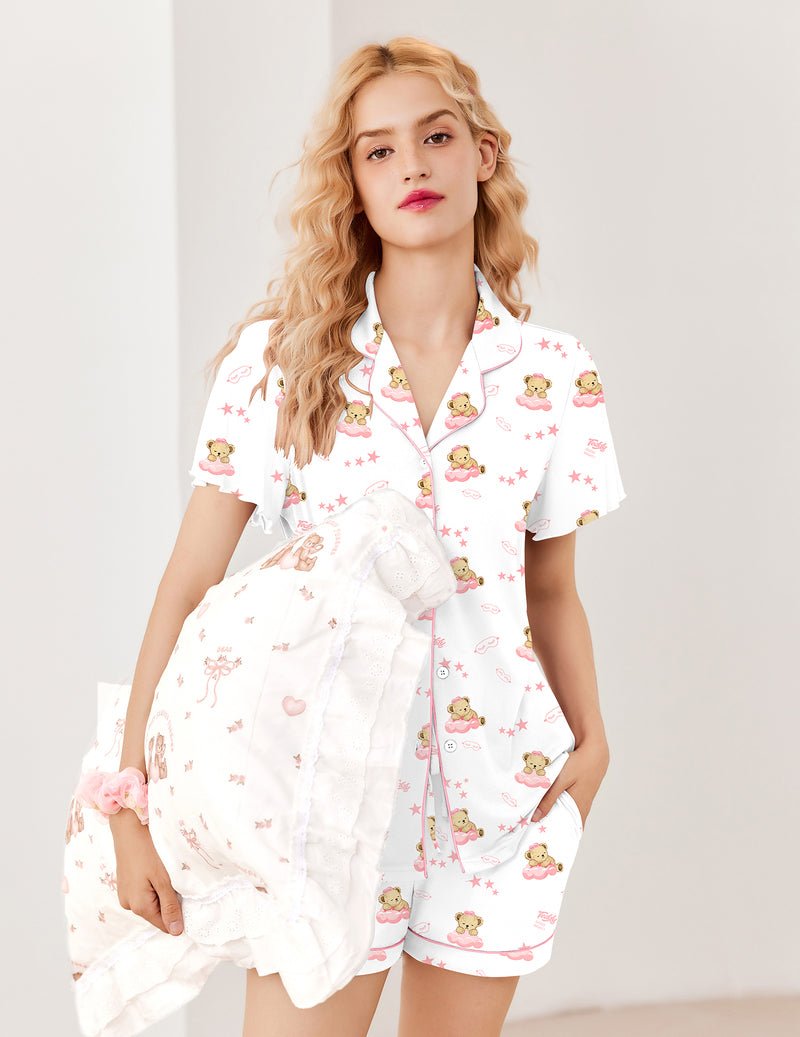 White teddy-print pajama set with short sleeves, button front and matching shorts