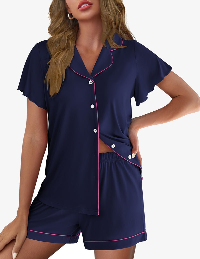 Navy blue button-up pajama set with pink piping and matching shorts