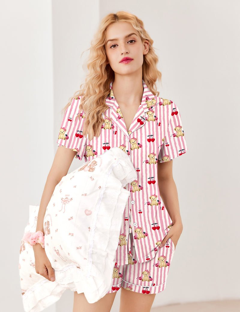 Pink gestreiftes Teddy-Schlafanzug-Set mit Kurzarmhemd und passenden Shorts