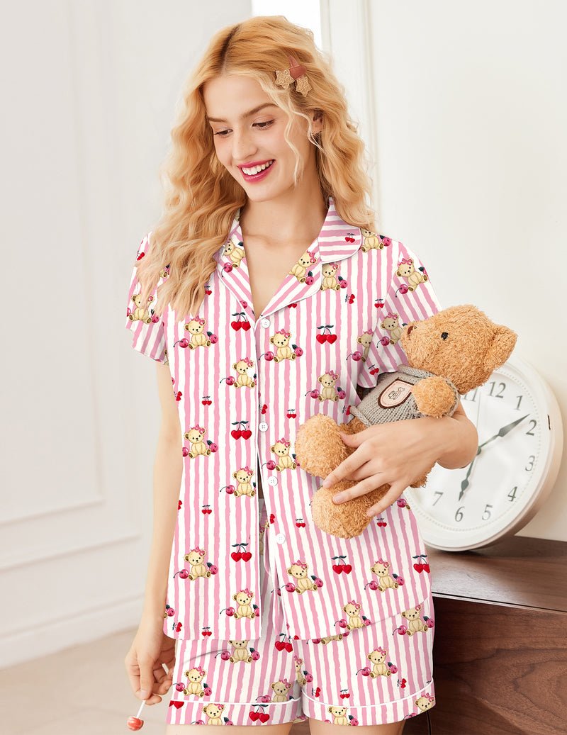 Pink gestreiftes Teddy-Schlafanzug-Set, offene Knopfleiste vorn, Shorts