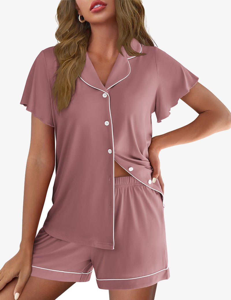 Mauve pink button-up pajama top with white piping and matching shorts