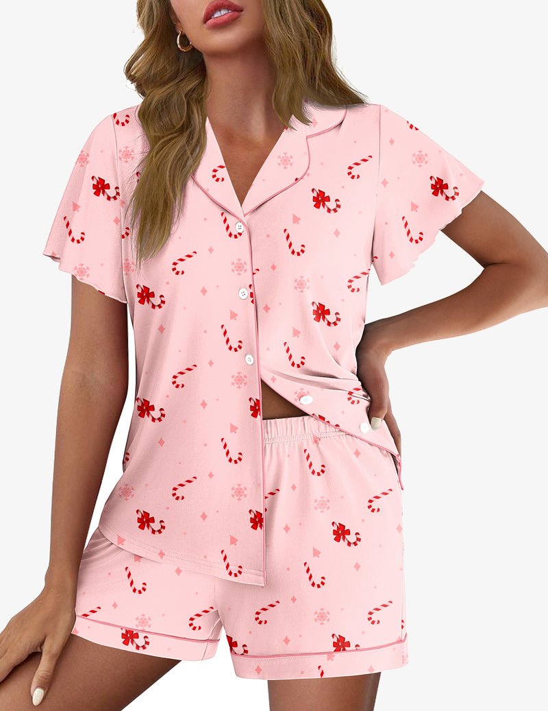 Pink printed pajama set with short sleeves, button front, and matching shorts