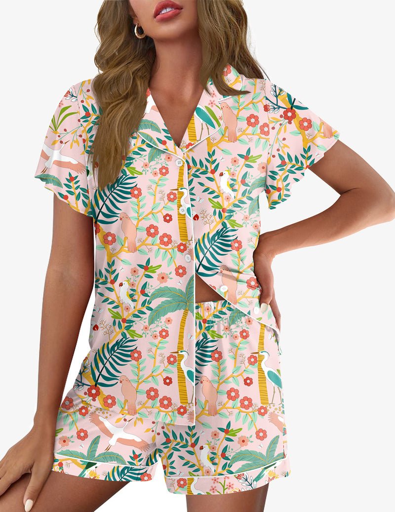 Buntes Blumen- und Tierprint Pyjama-Set mit Knopfleiste, kurzen Volantärmeln, Shorts