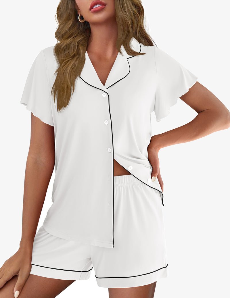 White button-up pajama set with black trim and matching shorts