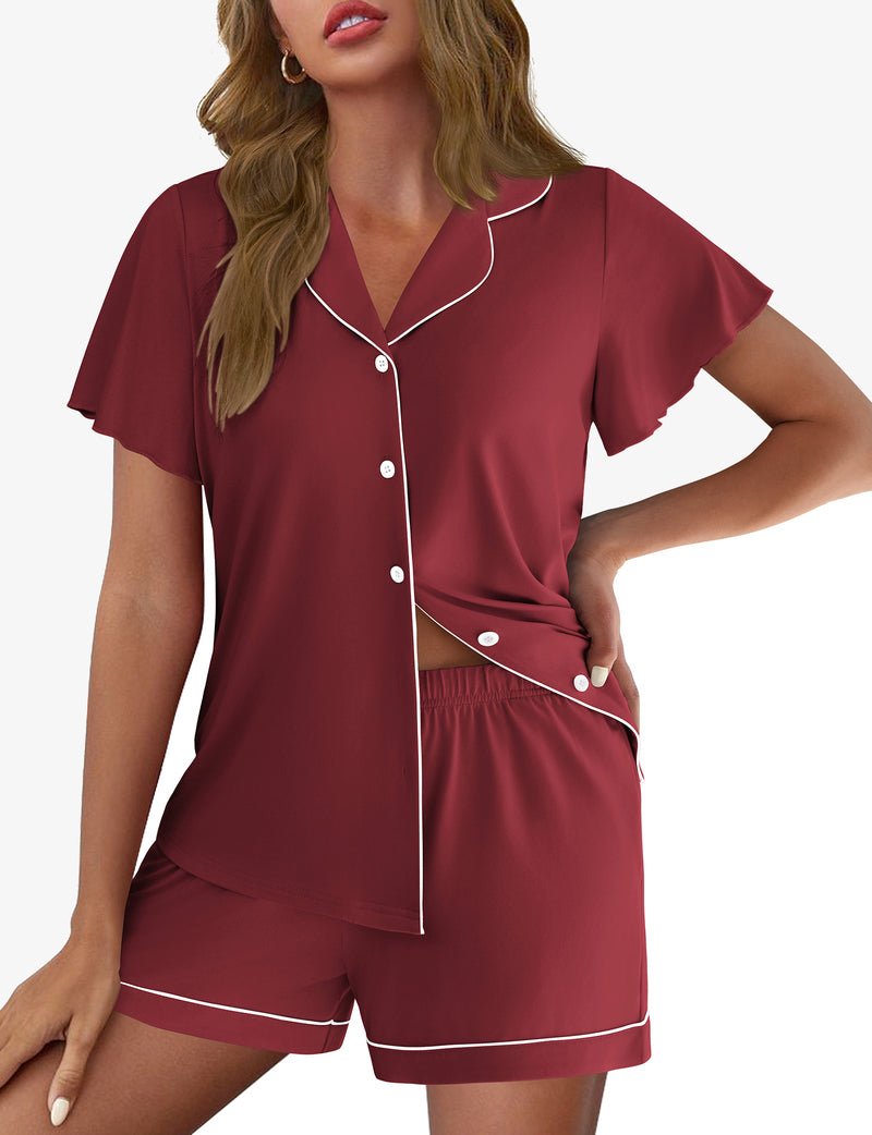 Wine red button-up pajama set with white piping and matching shorts