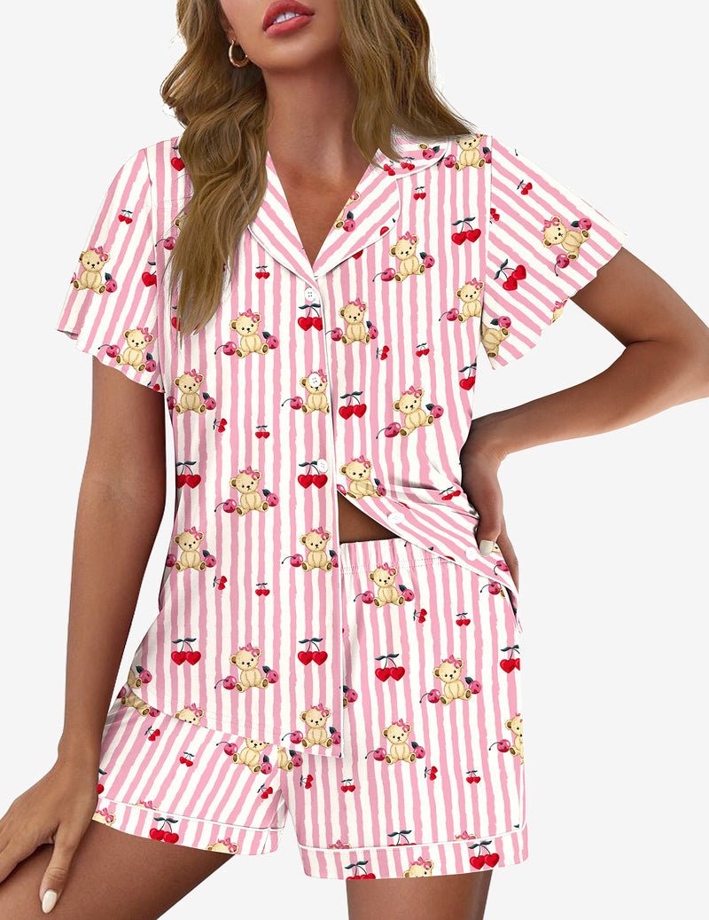 Pink gestreiftes Teddy-Schlafanzug-Set mit Knopfleiste und kurzen Ärmeln