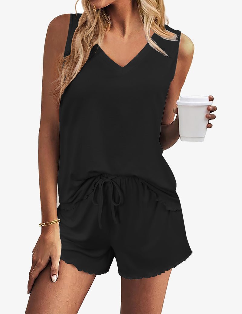 Schwarzes Pajama-Tanktop-Shorts-Set, V-Ausschnitt, Kordelbund, kurze Shorts