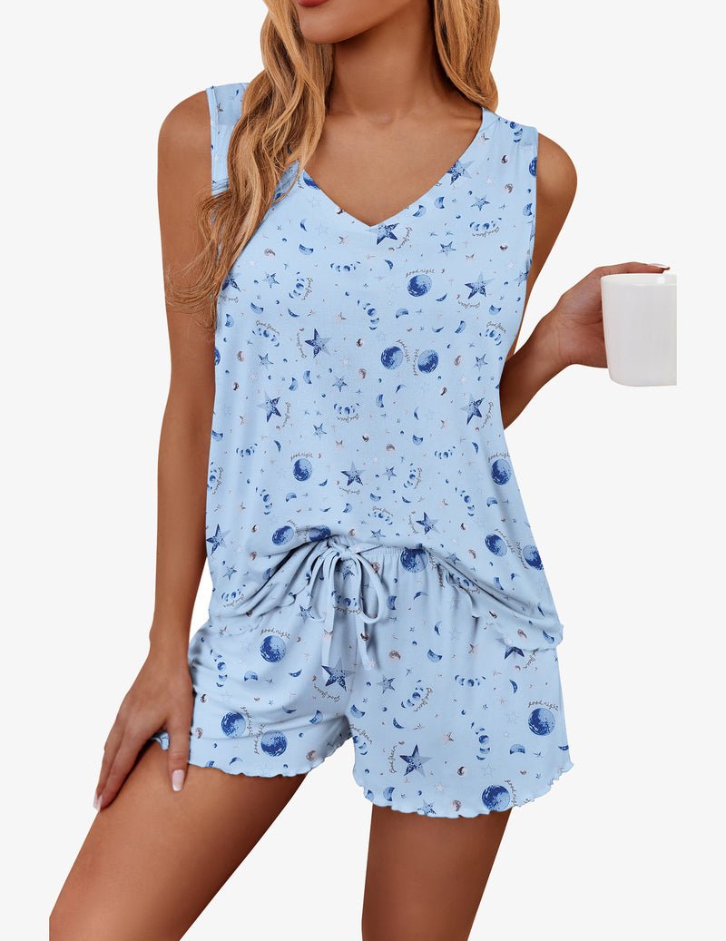 Blue star print pajama tank and shorts set with drawstring waist