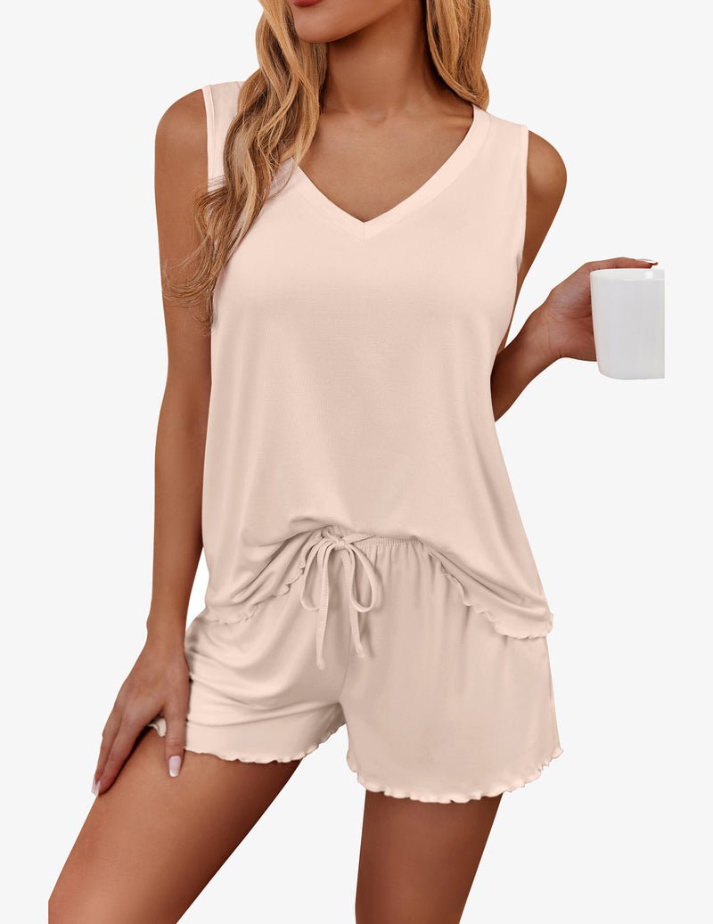 Hellrosa Tanktop-Shorts-Set, V-Ausschnitt, geraffter Kordelbund, kurze Shorts