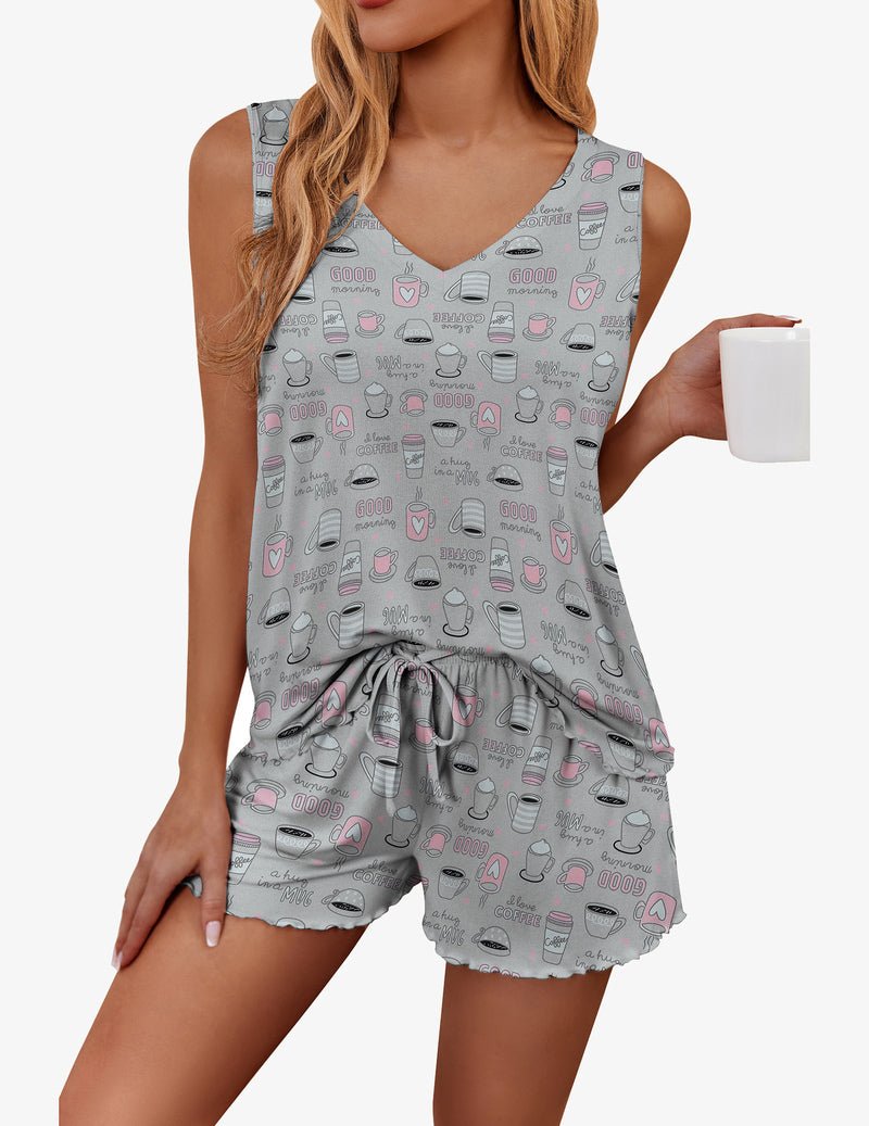 Graues Pajama-Set mit Coffee-Cup-Print, V-Ausschnitt-Tanktop und Shorts