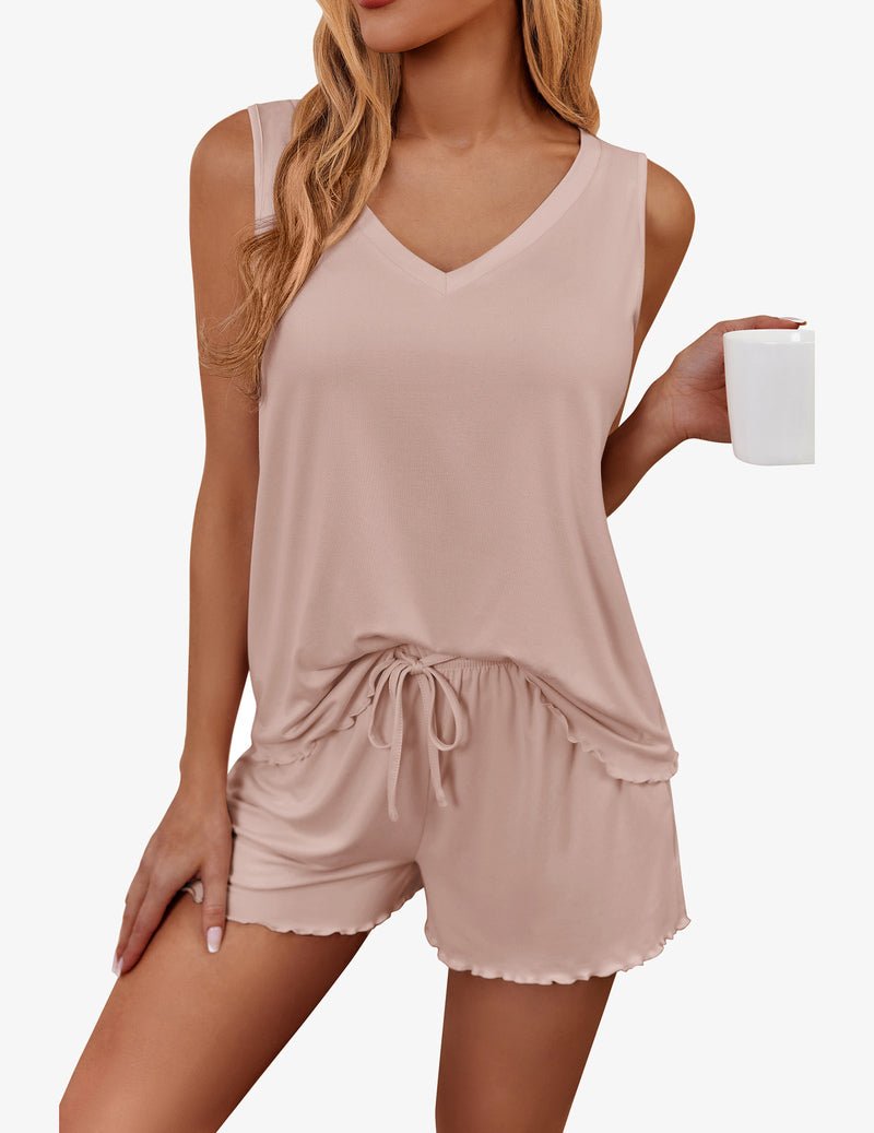 Tanktop-Shorts-Set, rosé, V-Ausschnitt, Tunnelzug an den Shorts