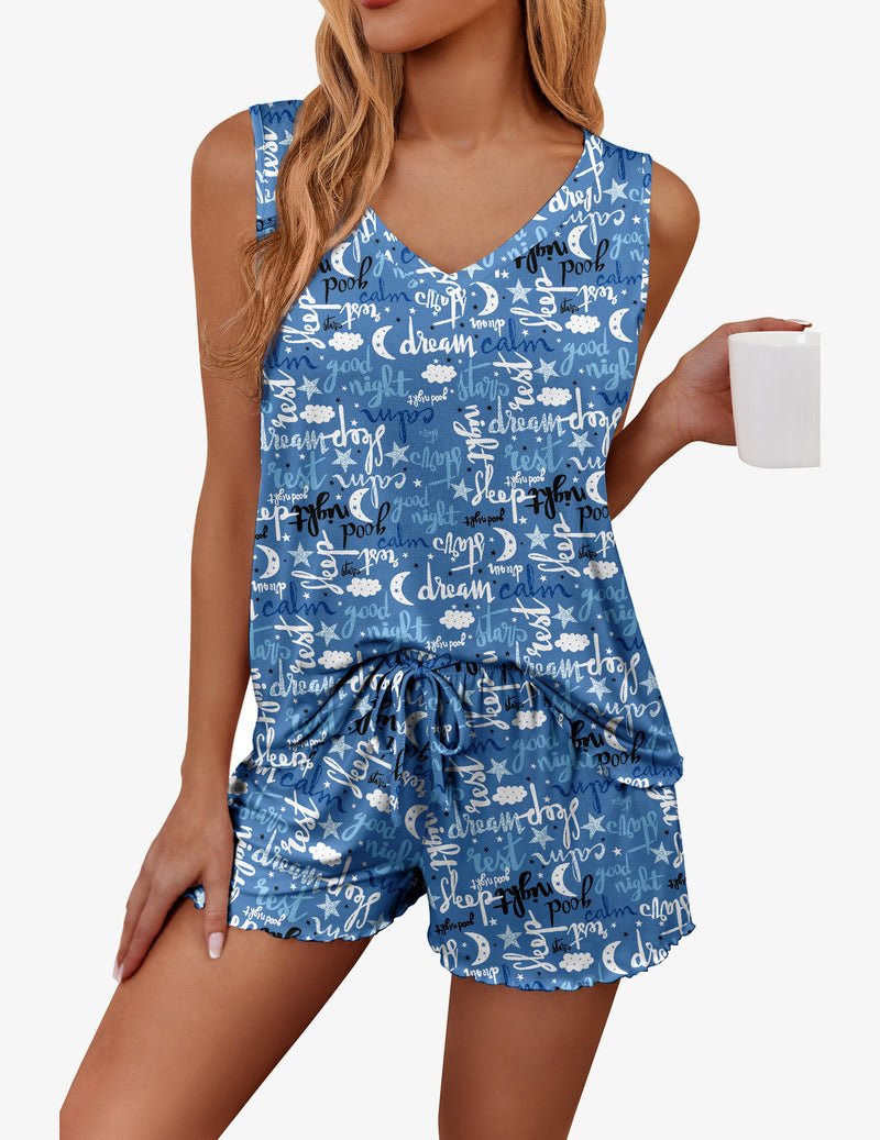 Tanktop-Shorts-Set, blau, V-Ausschnitt, Schrift- und Sternmuster, Tunnelzugbund an den Shorts