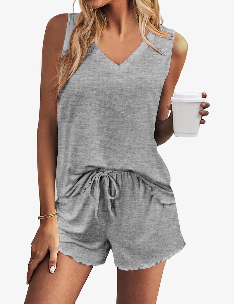 Grey V-neck tank pajama set with drawstring shorts, scalloped hem