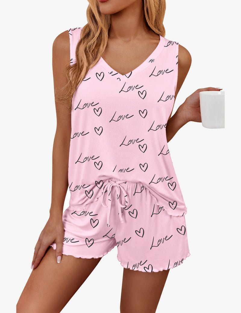 Tanktop-Shorts-Set, hellrosa, V-Ausschnitt, Love- und Herzmuster, Tunnelzugbund