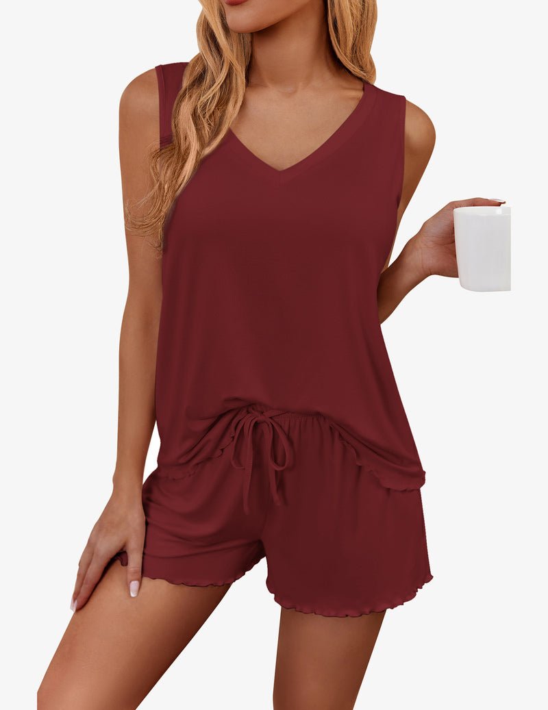 Tanktop-Shorts-Set, weinrot, V-Ausschnitt, Tunnelzug vorn an den Shorts