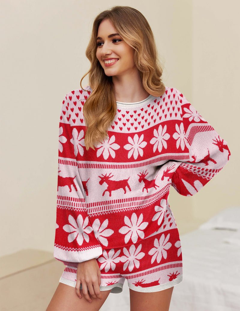Red and white festive pajama set with hearts, flowers, and reindeer print shorts