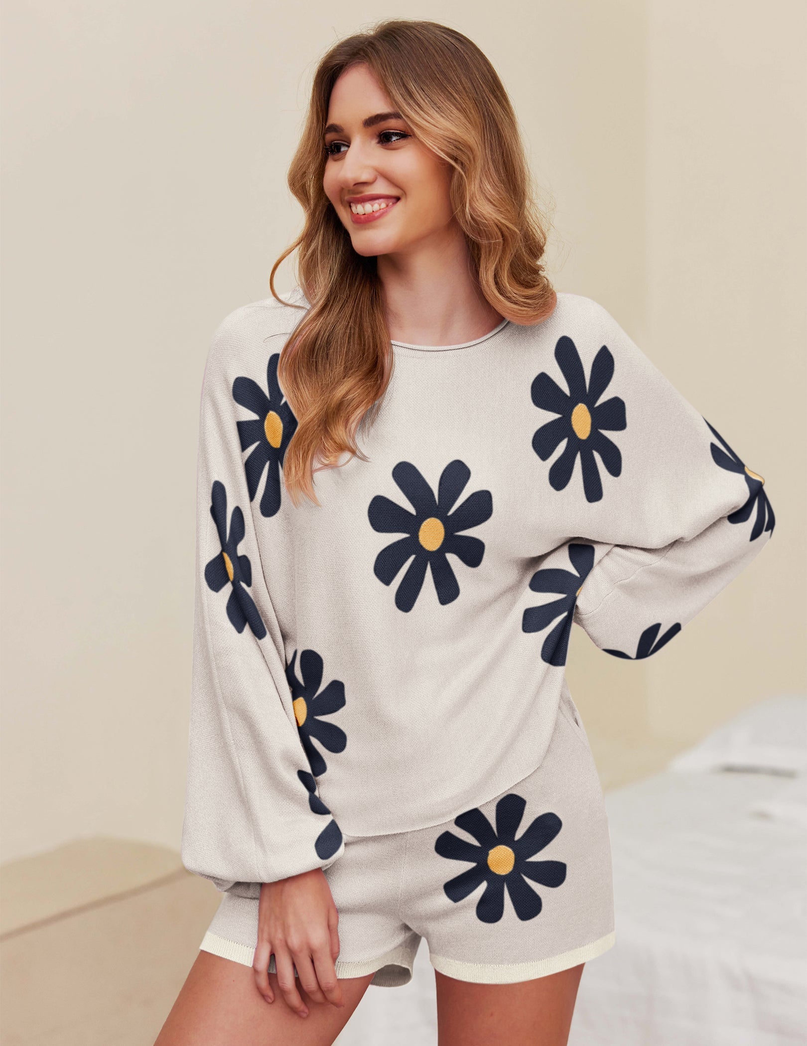 Christmas white pajama set with navy flower prints and matching short pants