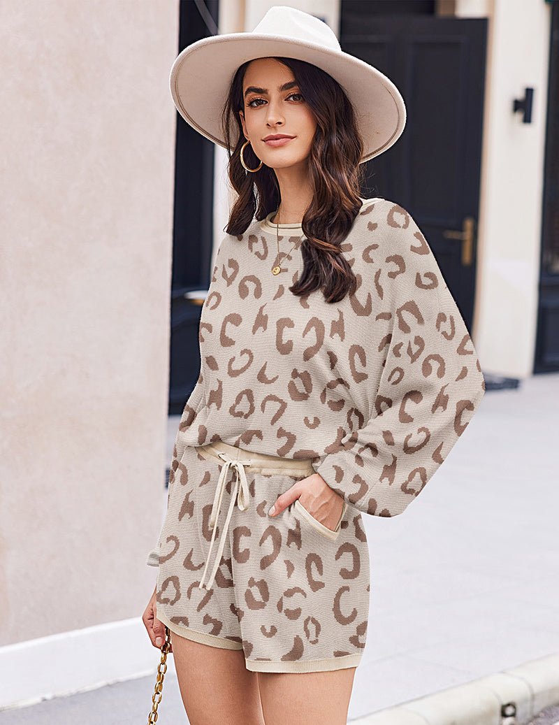 Leopard-print pajama set in beige: long-sleeve top with drawstring waist shorts