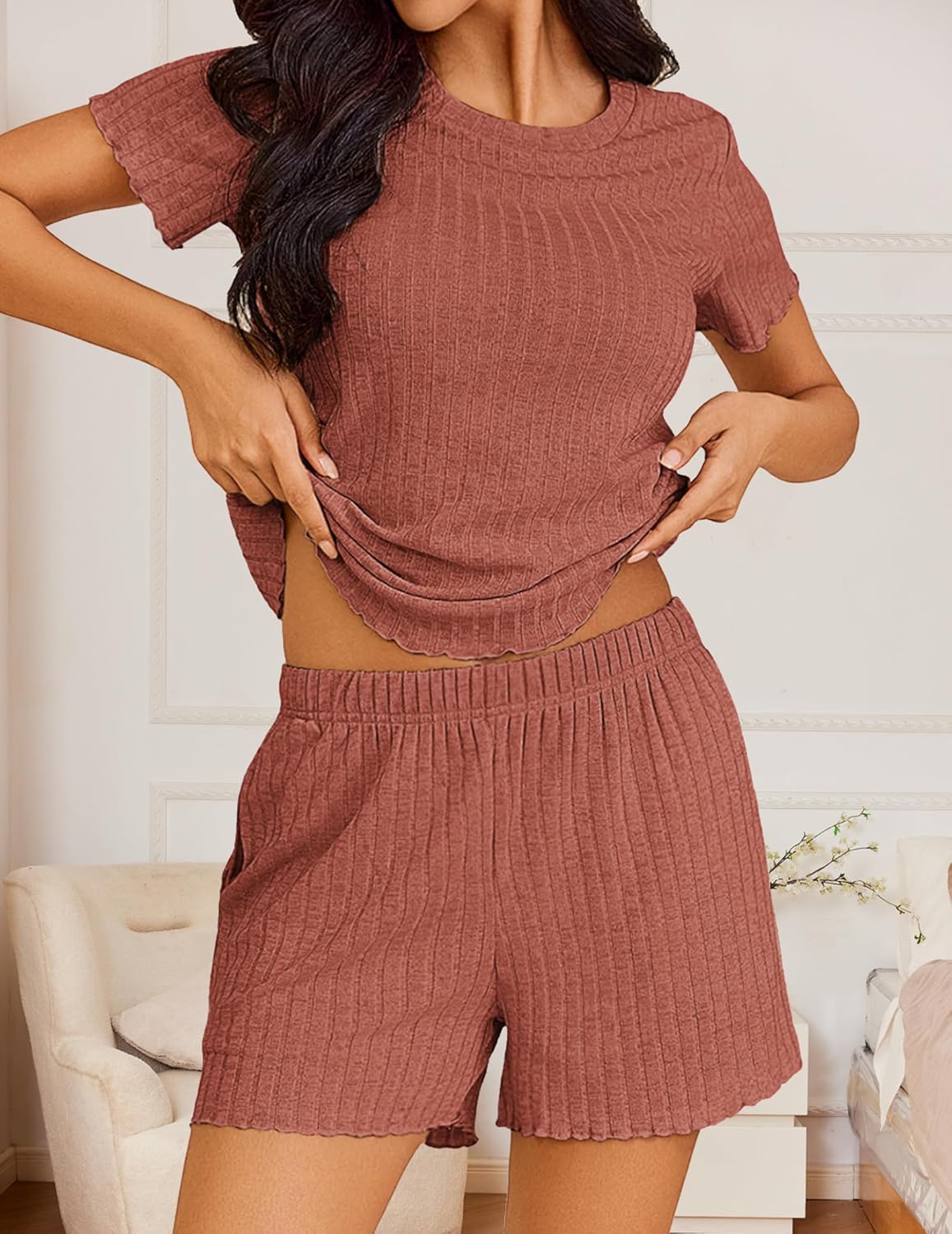 Ribbed knit pajama set: short-sleeve crew top and elastic-waist shorts in dusty rose