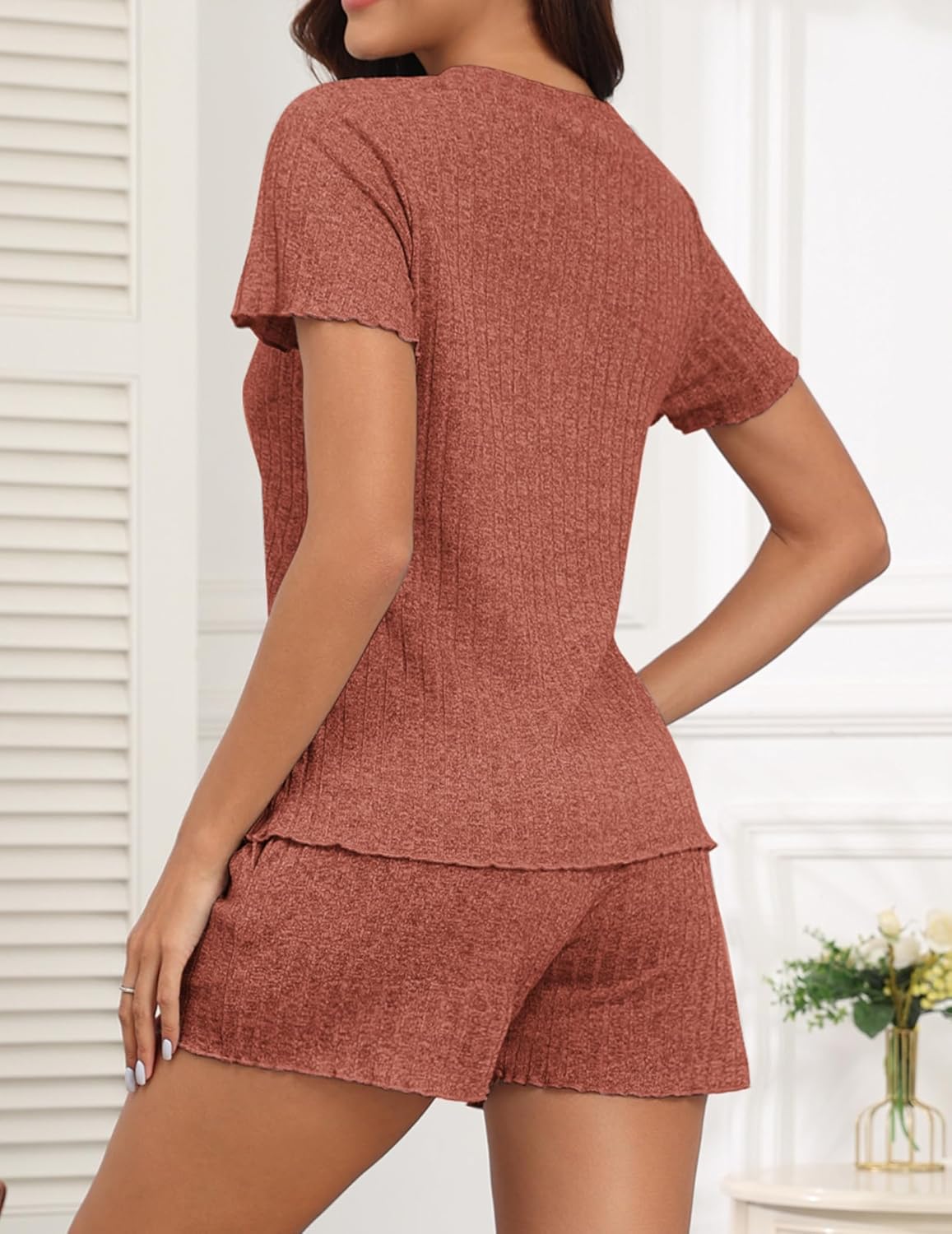 Ribbed knit pajama set, back view: short-sleeve top and elastic-waist shorts in rose