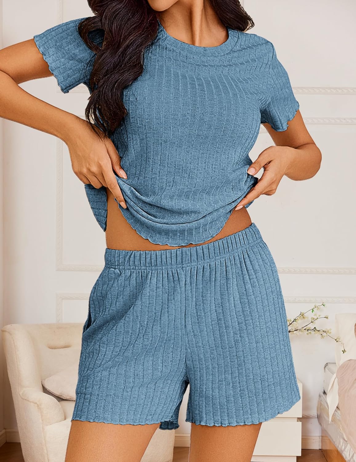 Ribbed knit pajama set: short-sleeve crew top and elastic-waist shorts in medium blue
