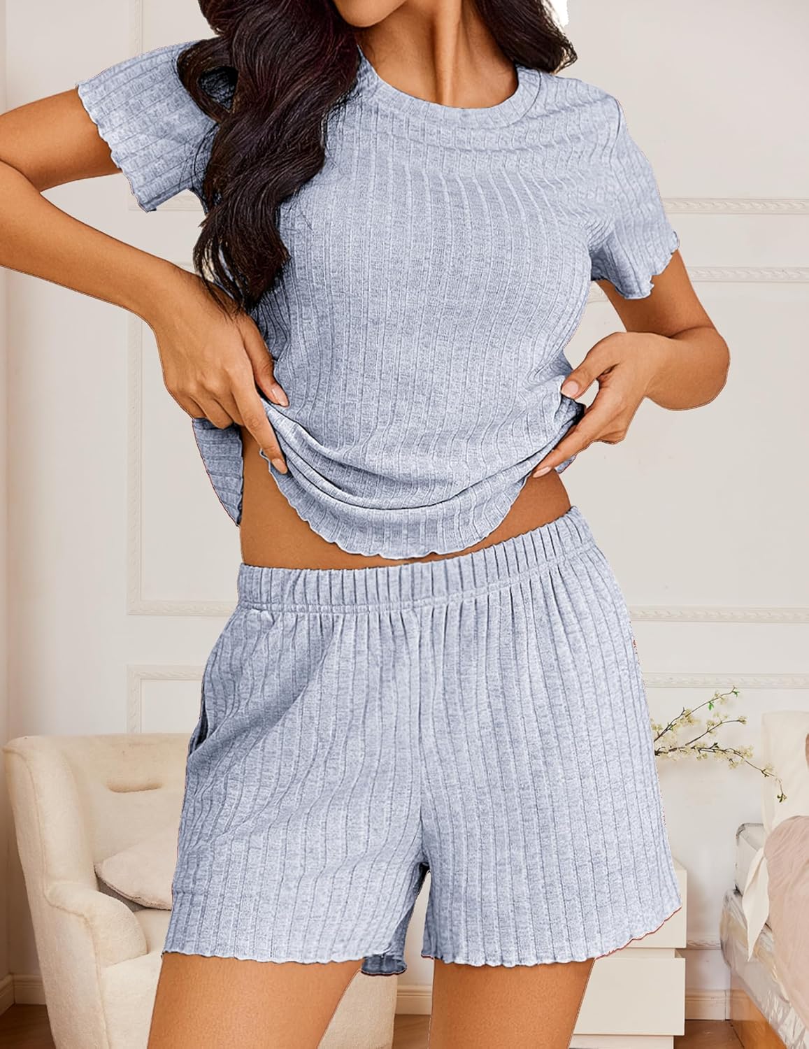 Ribbed knit pajama set: short-sleeve crew top and elastic-waist shorts in light blue