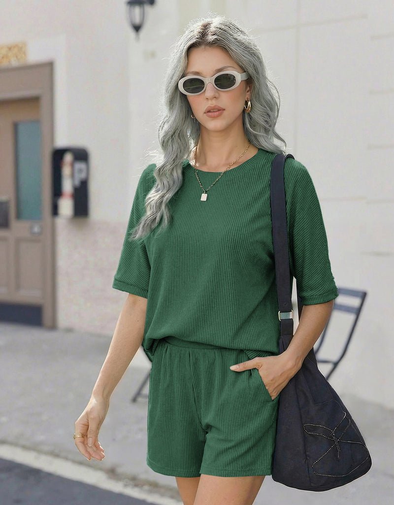 Ribbed 2-piece lounge set with short-sleeve top and shorts, deep green