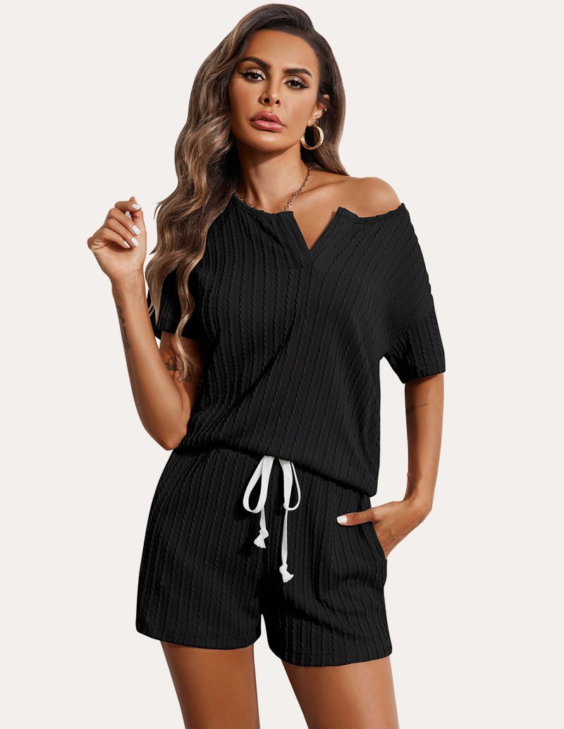 Black ribbed pajama set: V-neck short-sleeve top & drawstring shorts