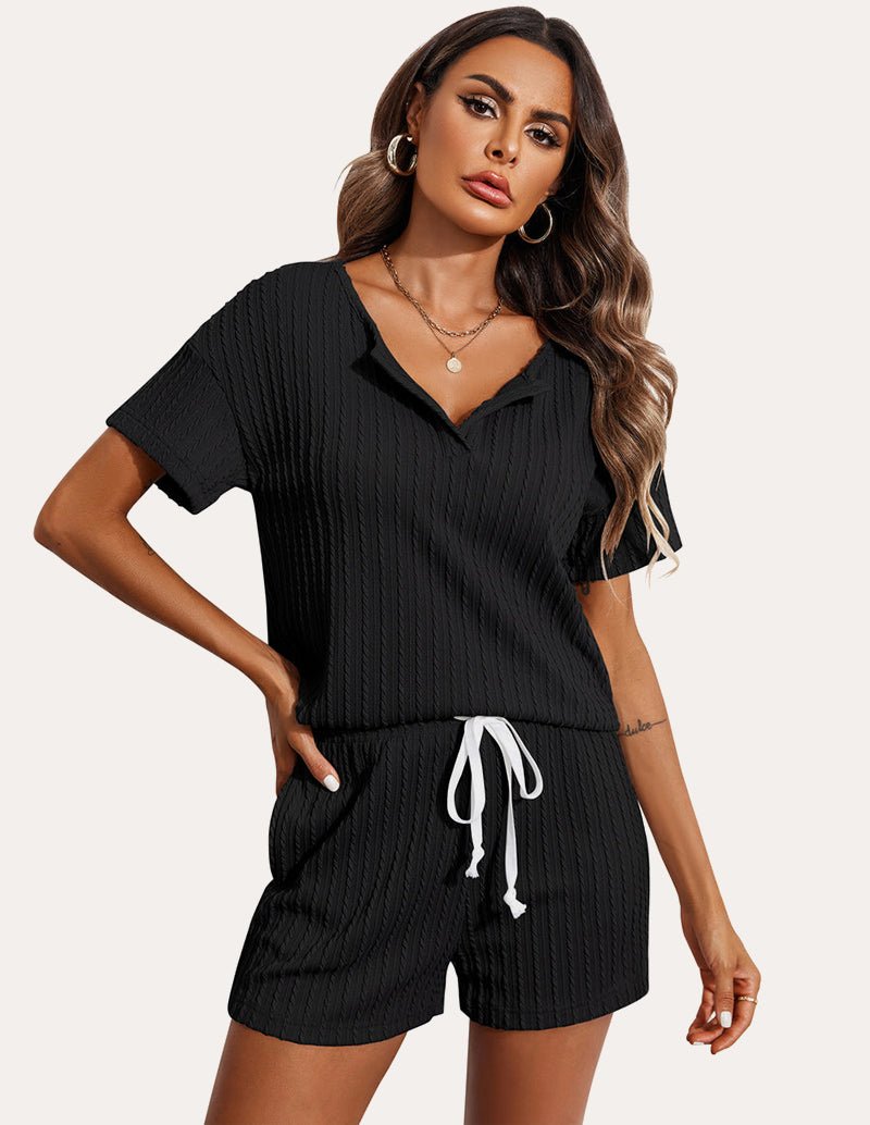 Black ribbed knit pajama set with collar V-neck top & drawstring shorts