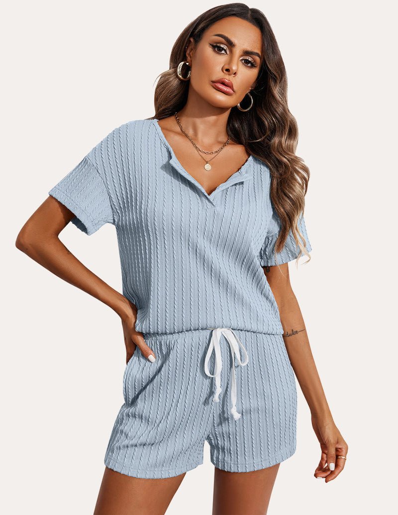 Blue ribbed knit pajama set: V-neck short-sleeve top & drawstring shorts