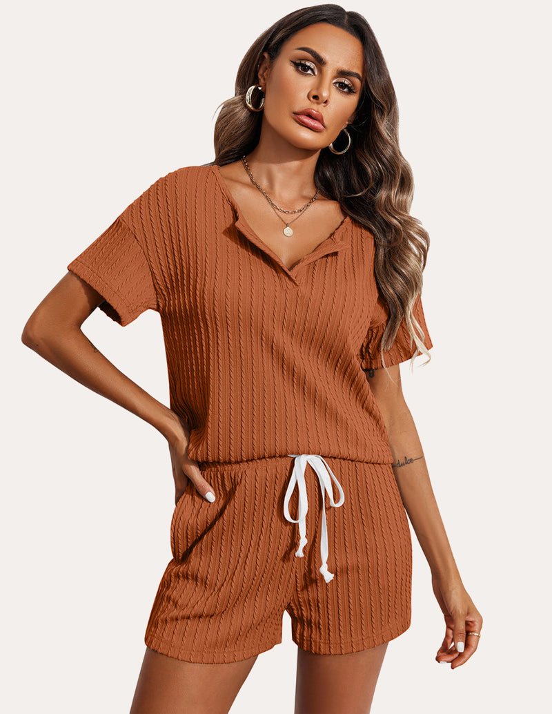 Brick red ribbed pajama set: V-neck short-sleeve top & drawstring shorts