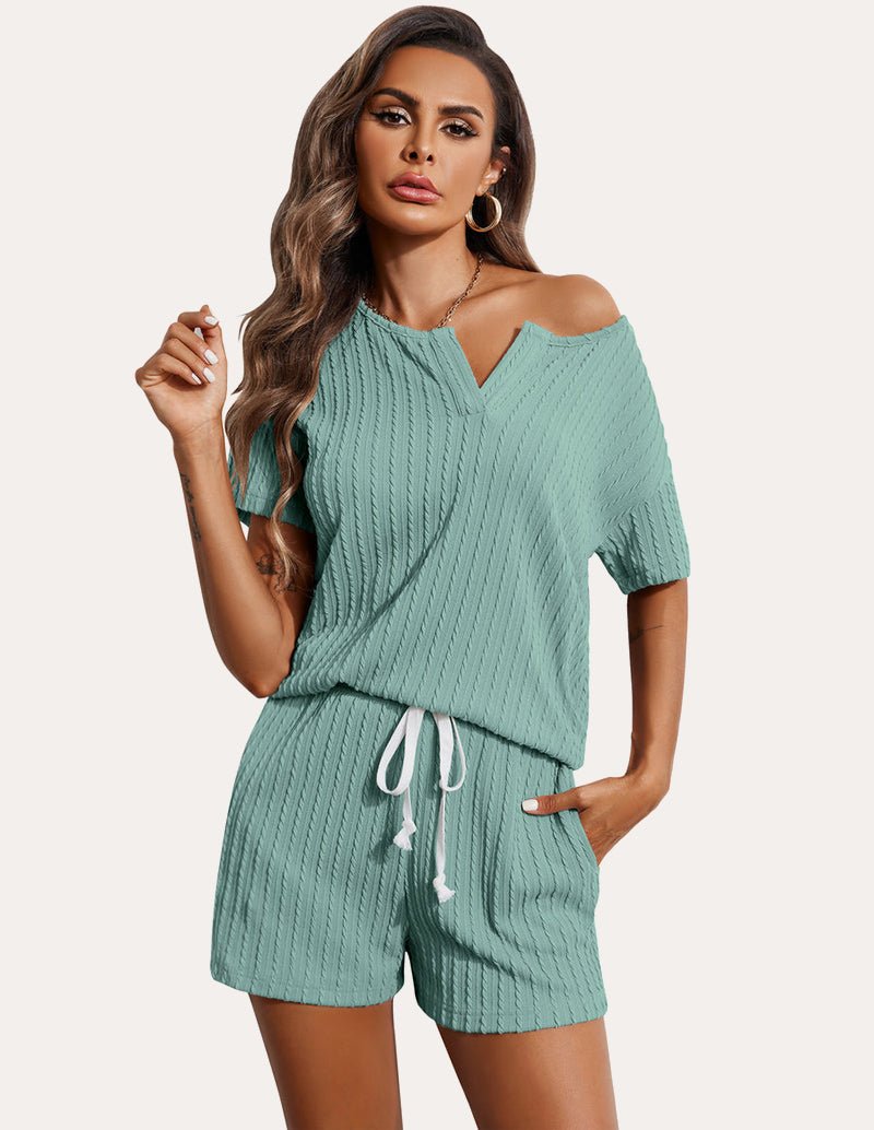 Green ribbed pajama set: off-shoulder V-neck top & drawstring shorts