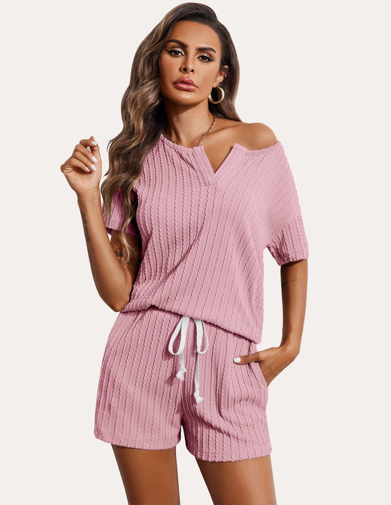Pink ribbed knit pajama set: V-neck short-sleeve top & drawstring shorts