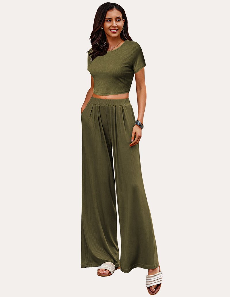 Olive/army green ribbed lounge set with cropped top and wide-leg pants, 2-piece