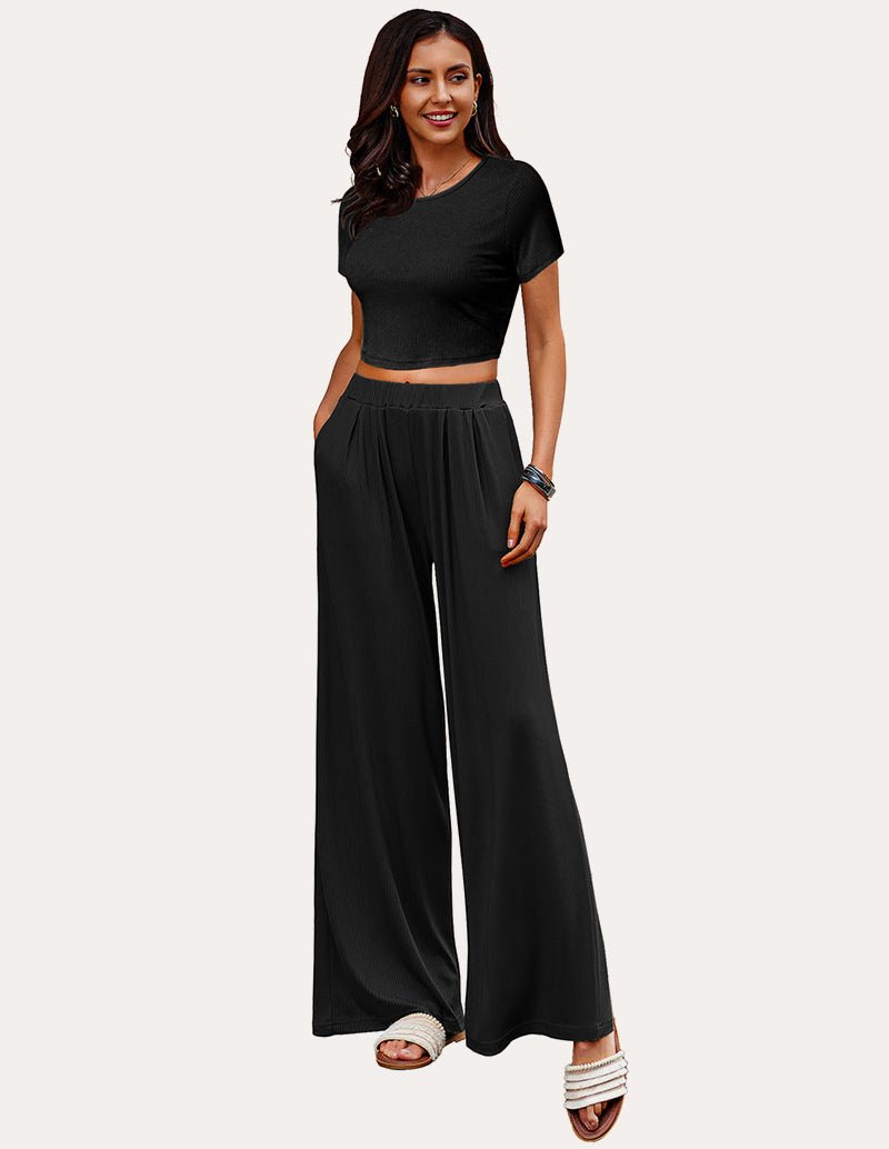 Black ribbed lounge set: fitted cropped T-shirt and wide-leg lounge pants, 2-piece