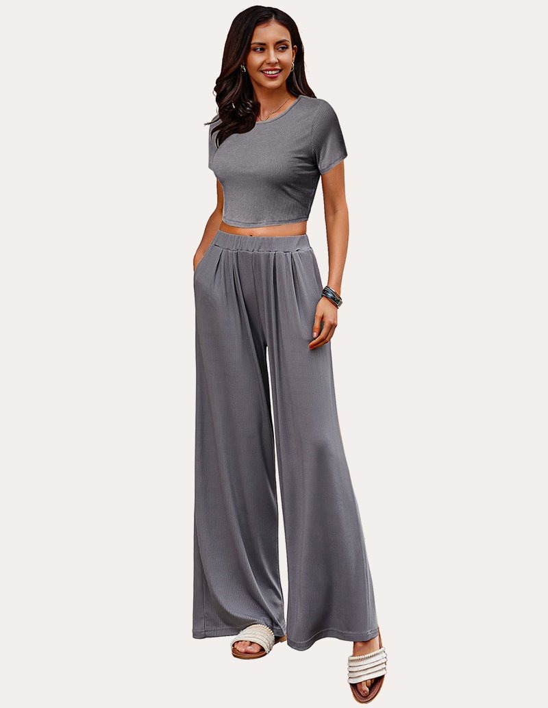 Grey ribbed lounge set: cropped tee and loose wide-leg pants with elastic waist, 2-piece