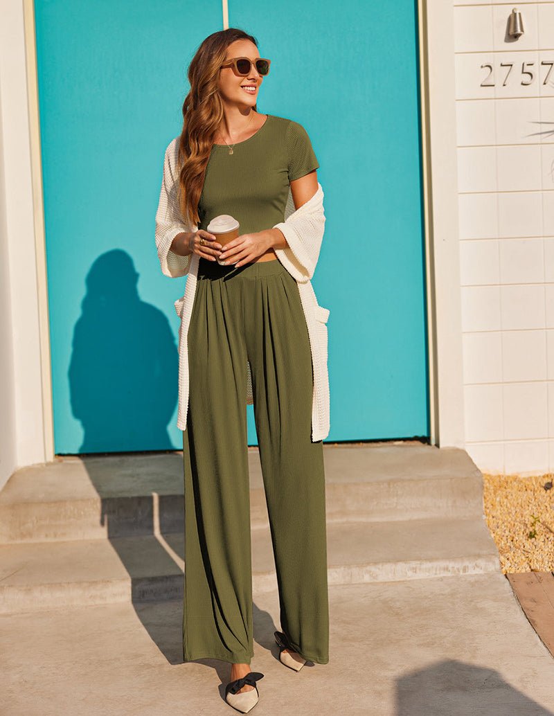 Ekouaer army green ribbed lounge set: crop top with matching wide-leg pants, 2-piece