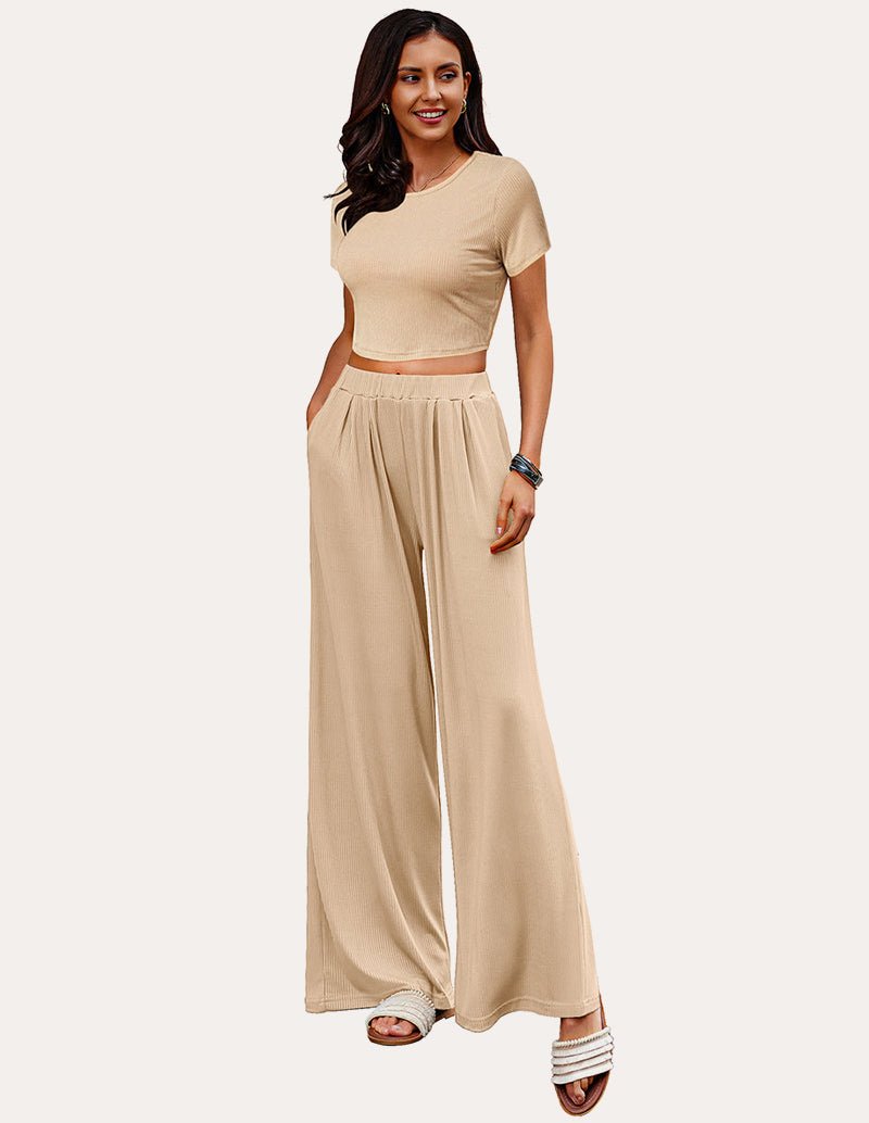 Khaki ribbed lounge set: fitted crop top and wide-leg palazzo pants, 2-piece