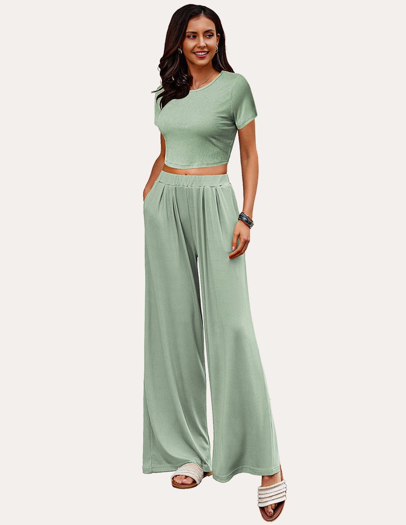 Army green ribbed lounge set: cropped tee and wide-leg pants, 2-piece
