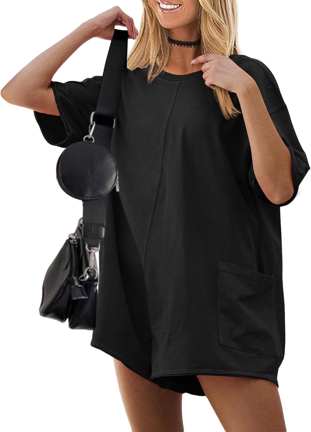 Ekouaer Rompers for Women Oversized Reversible Baggy T-shirt Jumpsuit