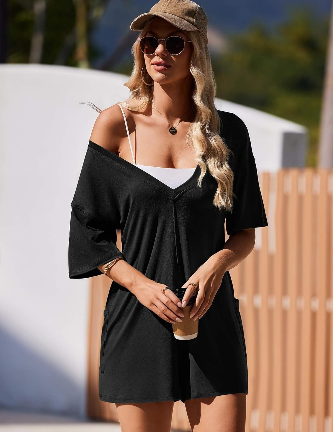 Ekouaer Rompers for Women Oversized Reversible Baggy T-shirt Jumpsuit