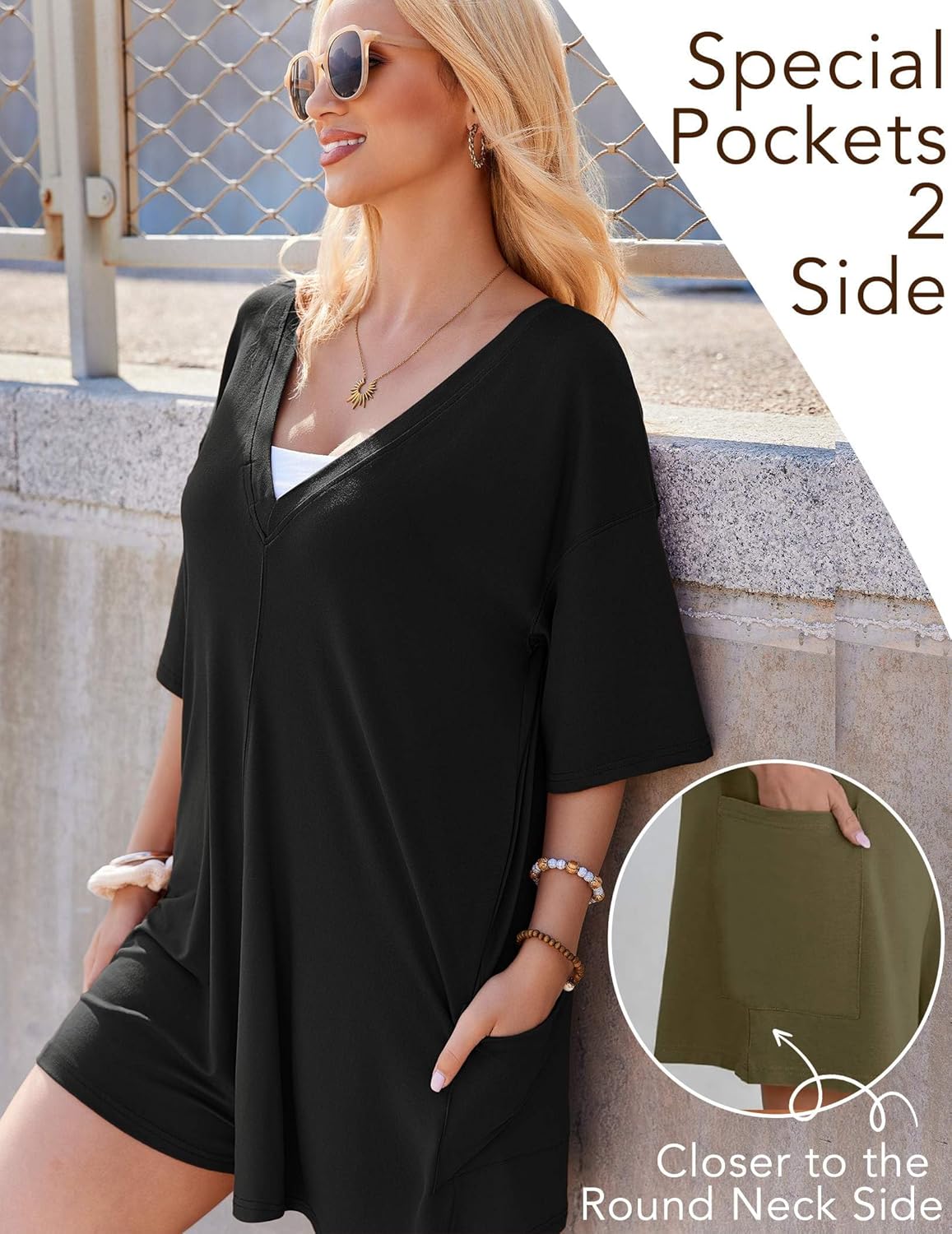 Ekouaer Rompers for Women Oversized Reversible Baggy T-shirt Jumpsuit