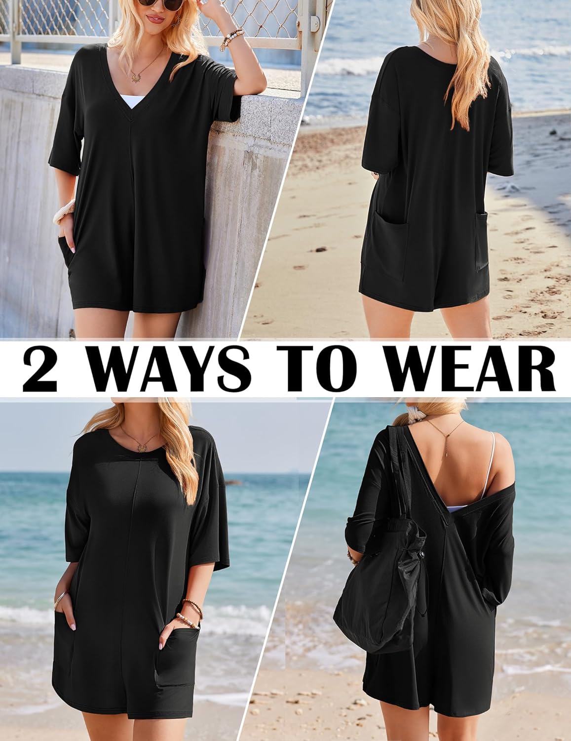 Ekouaer Rompers for Women Oversized Reversible Baggy T-shirt Jumpsuit