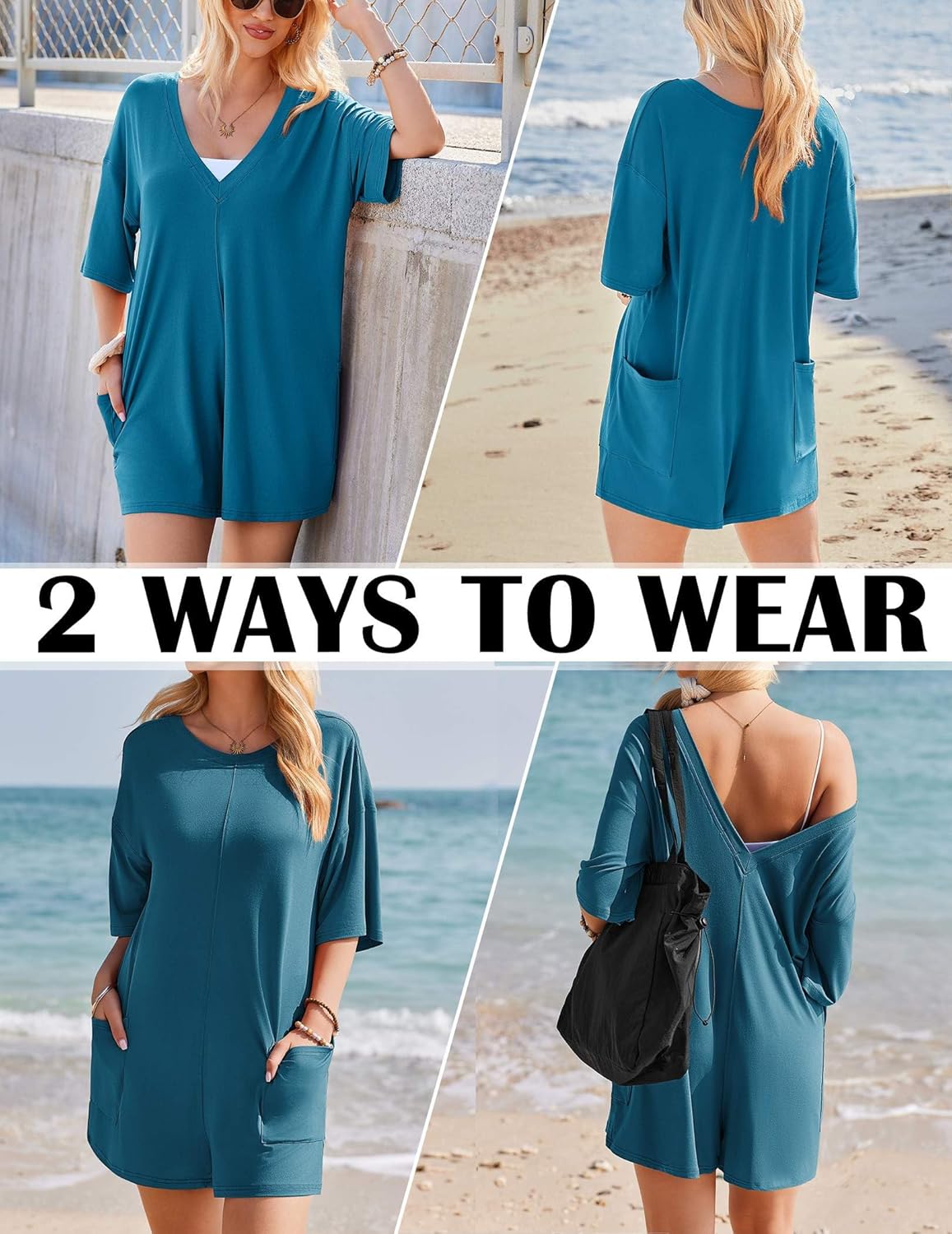 Ekouaer Rompers for Women Oversized Reversible Baggy T-shirt Jumpsuit